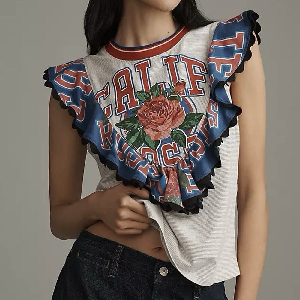 Anthropologie Maeve Reworked Sporty Tee Womens XS Ruffle Floral Varsity